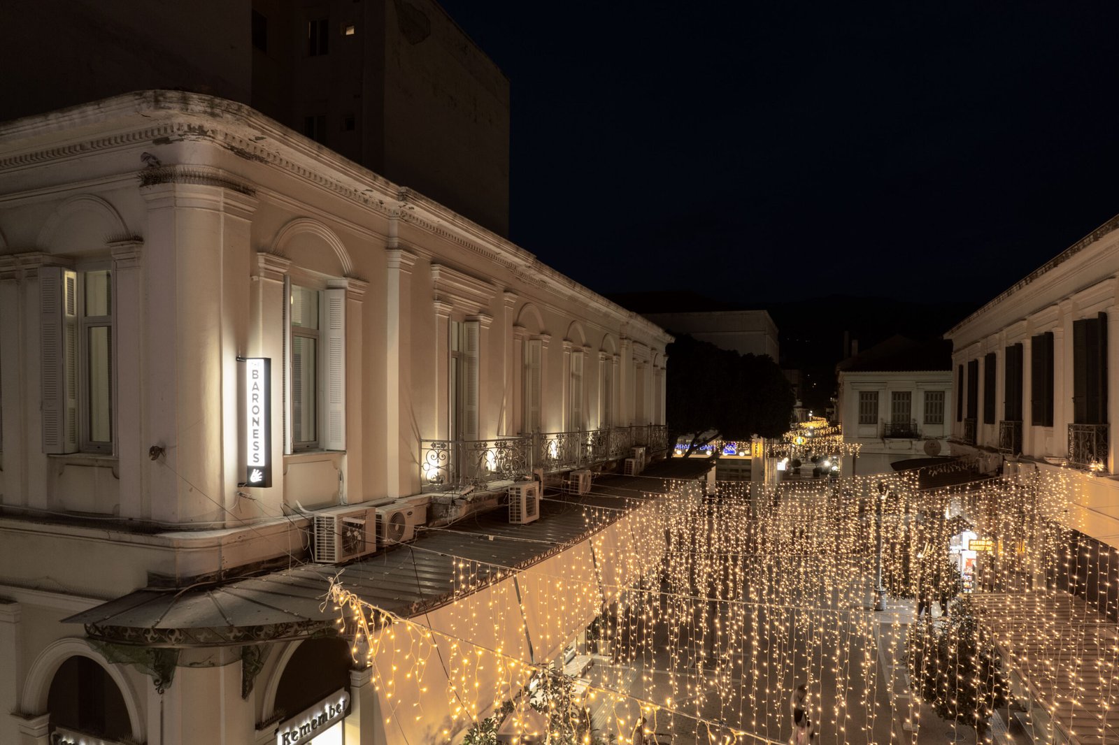 night aerial view of the building with the street lights